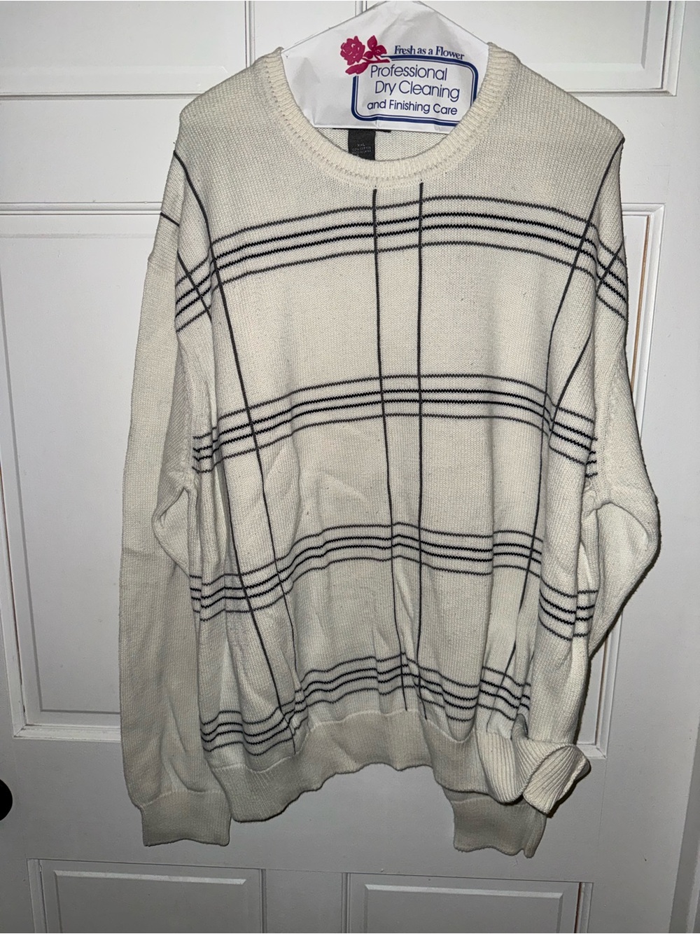 Saddlebred Cream Crewneck Sweater with Black Windowpane Plaid